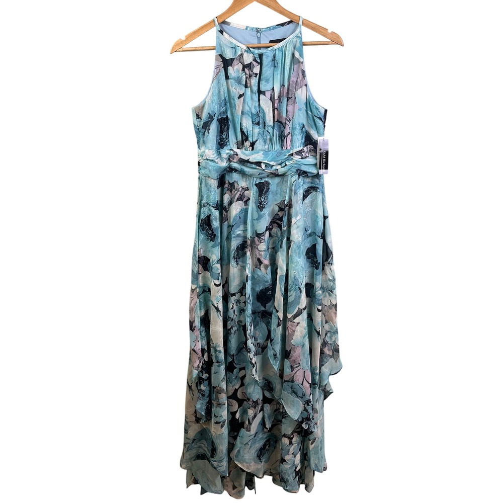 R M Richards Black Aqua Floral Halter Sleeveless Chiffon Gown Hankie Hemline 8